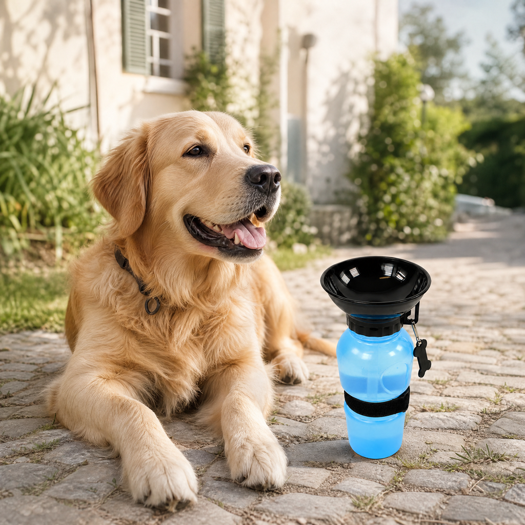 AquaDog portable dog water bottle in an outdoor travel scene