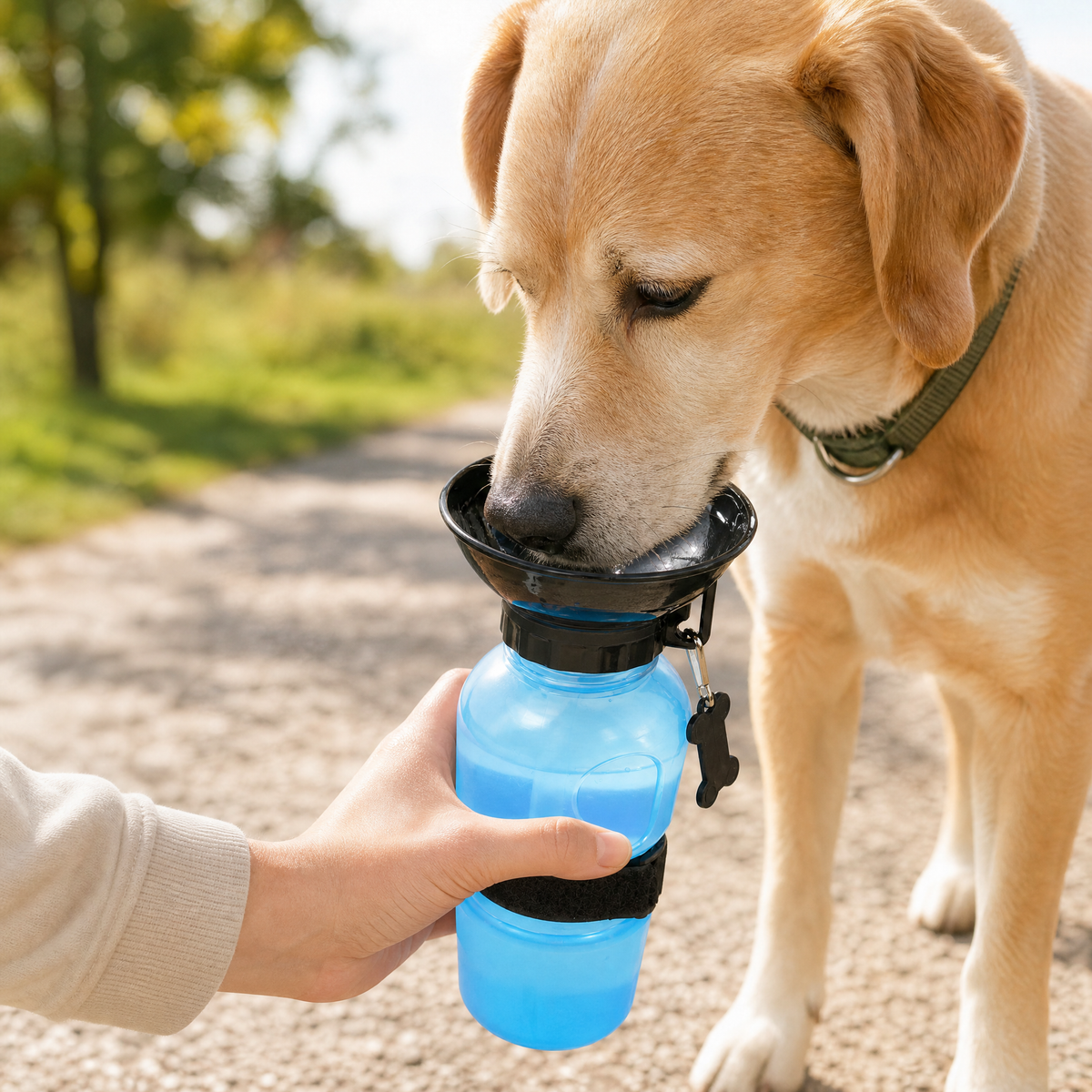AquaDog portable dog water bottle used during a park walk