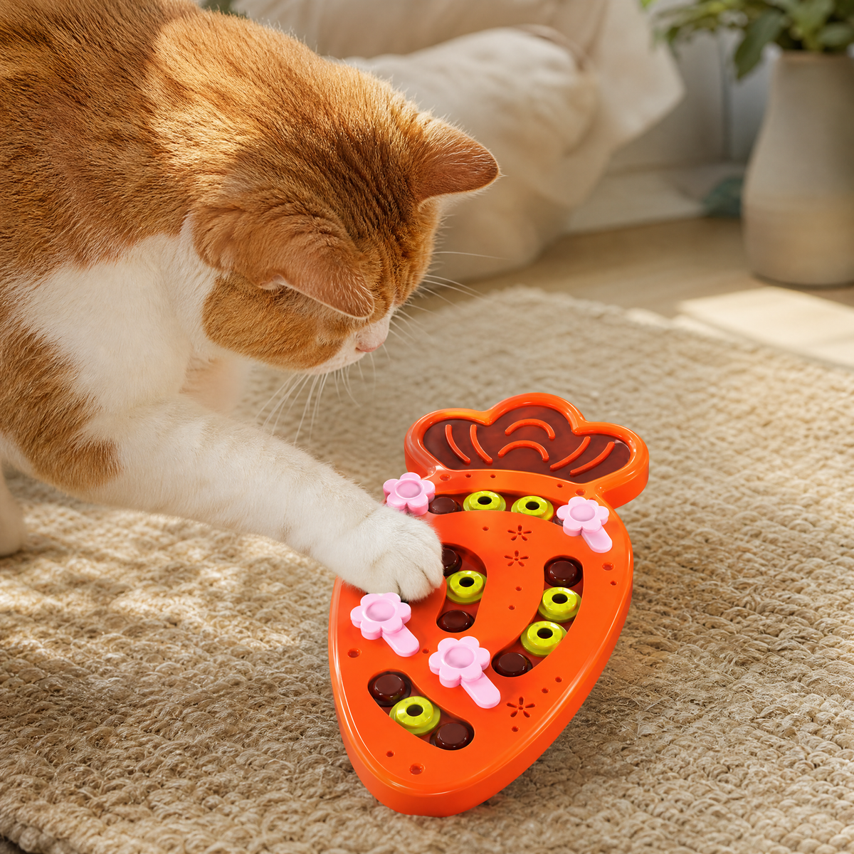 Close lifestyle view of the Happy Pet carrot puzzle toy