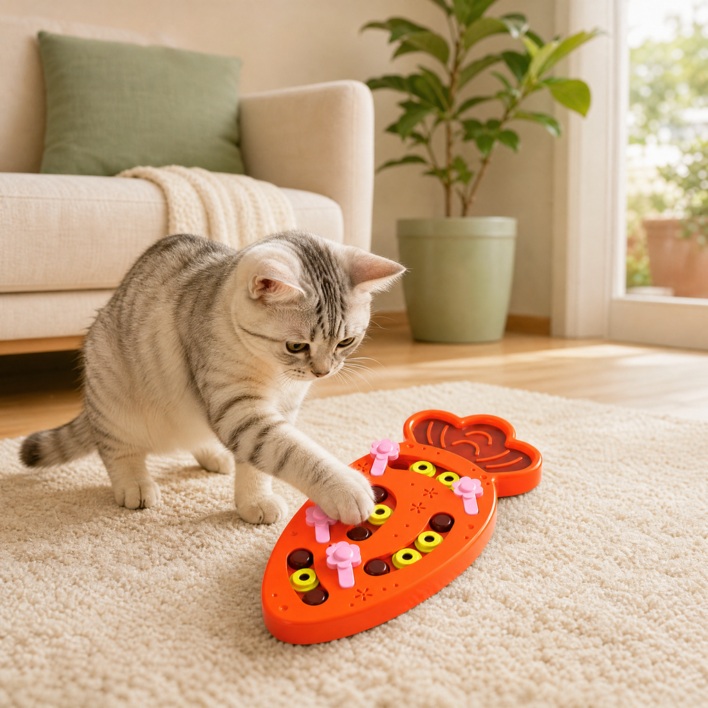 Cat playing with the Happy Pet carrot puzzle toy