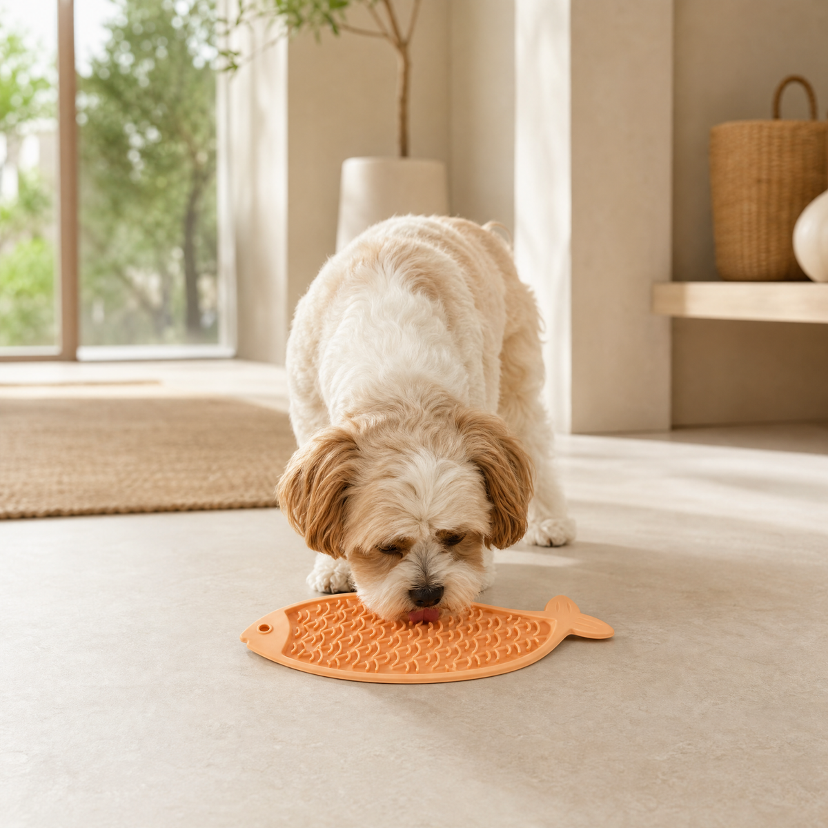 Dog using the Martin Sellier fish-shaped lick mat