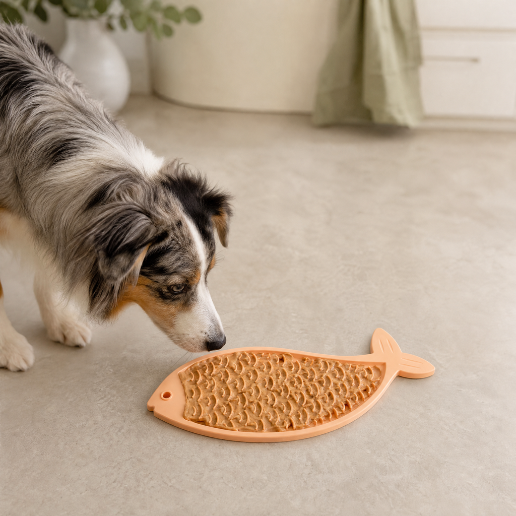 Martin Sellier fish-shaped lick mat in a premium home setting