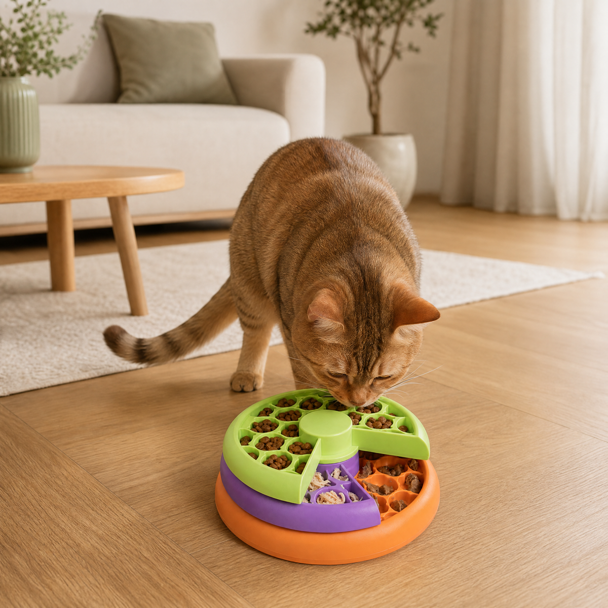 Cat using the Nina Ottosson Kitty Lickin Layers puzzle feeder
