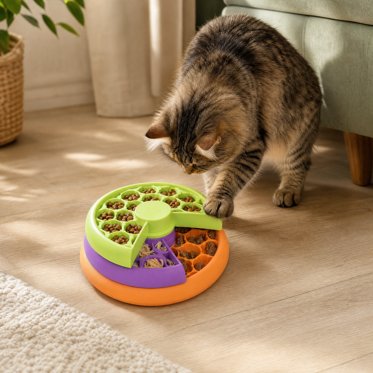 Nina Ottosson cat puzzle feeder in a premium home setting