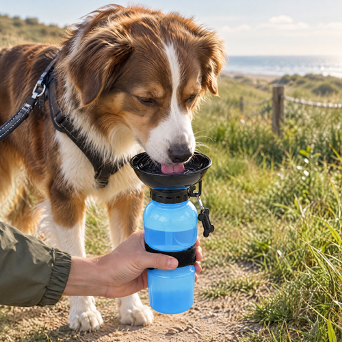 Hond drinkt onderweg uit de Aquadog draagbare drinkfles