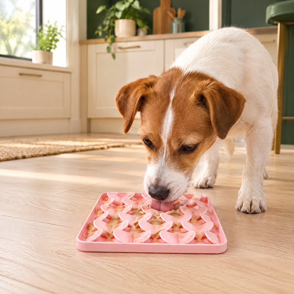 Hond gebruikt de roze Fofos siliconen likmat
