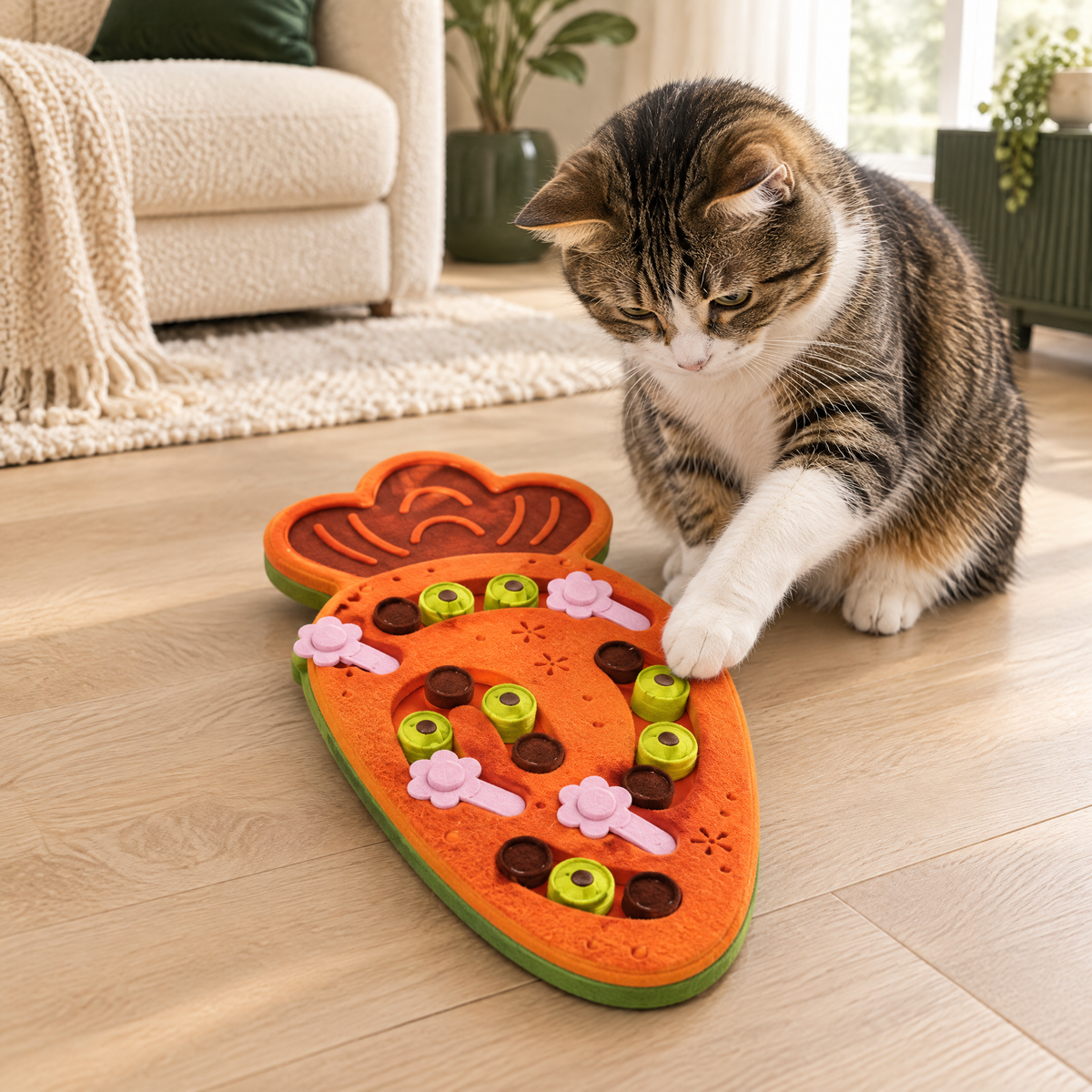 Kat speelt met de Happy Pet interactieve wortelpuzzel