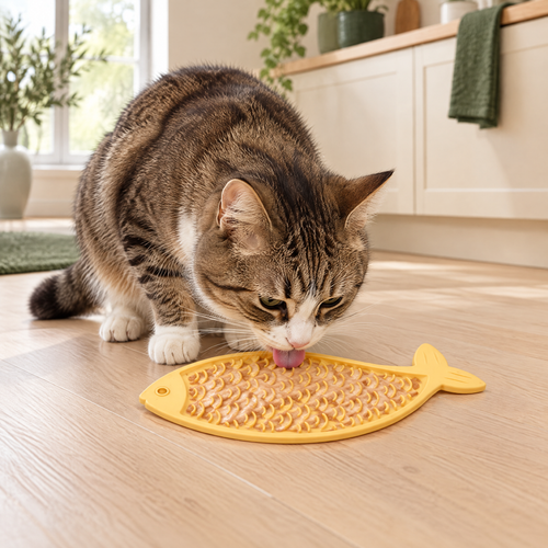 Kat gebruikt de gele Martin visvormige likmat