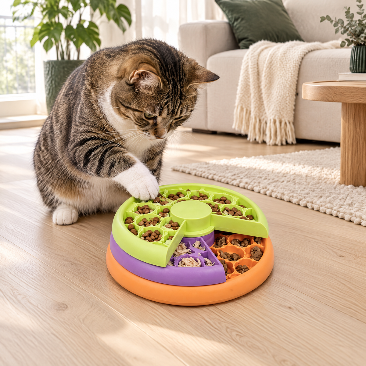 Kat speelt met de Nina Ottosson Kitty Lickin Layers puzzel