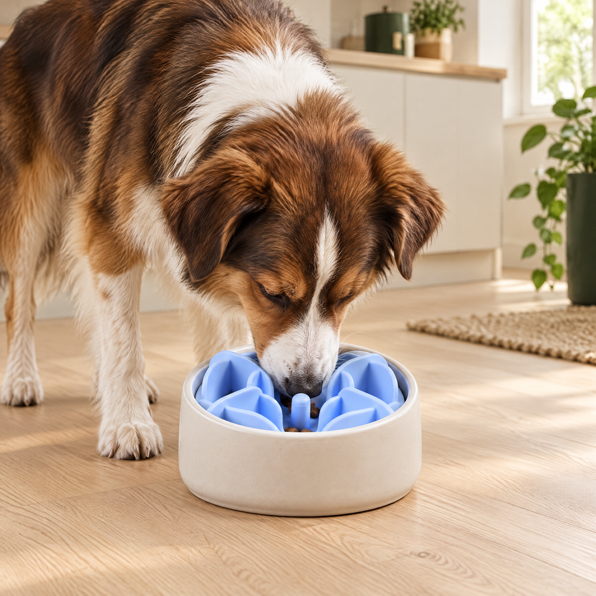 Hond eet uit een voerbak met het Zolux slowfeeder inzetstuk