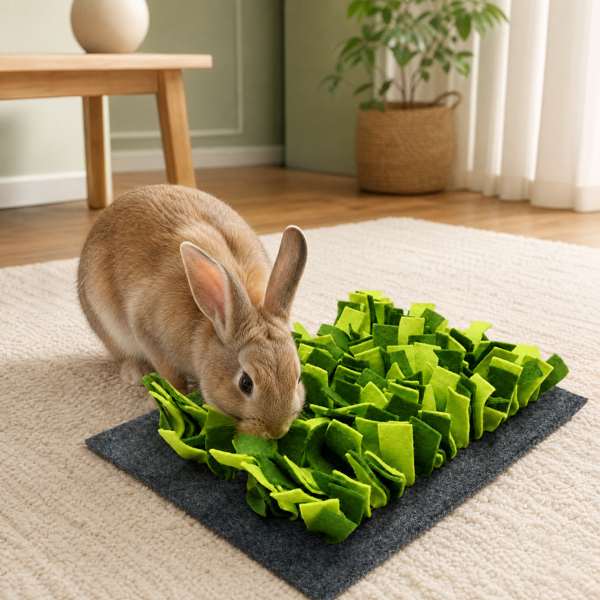Rabbit foraging in the Rosewood green snuffle mat