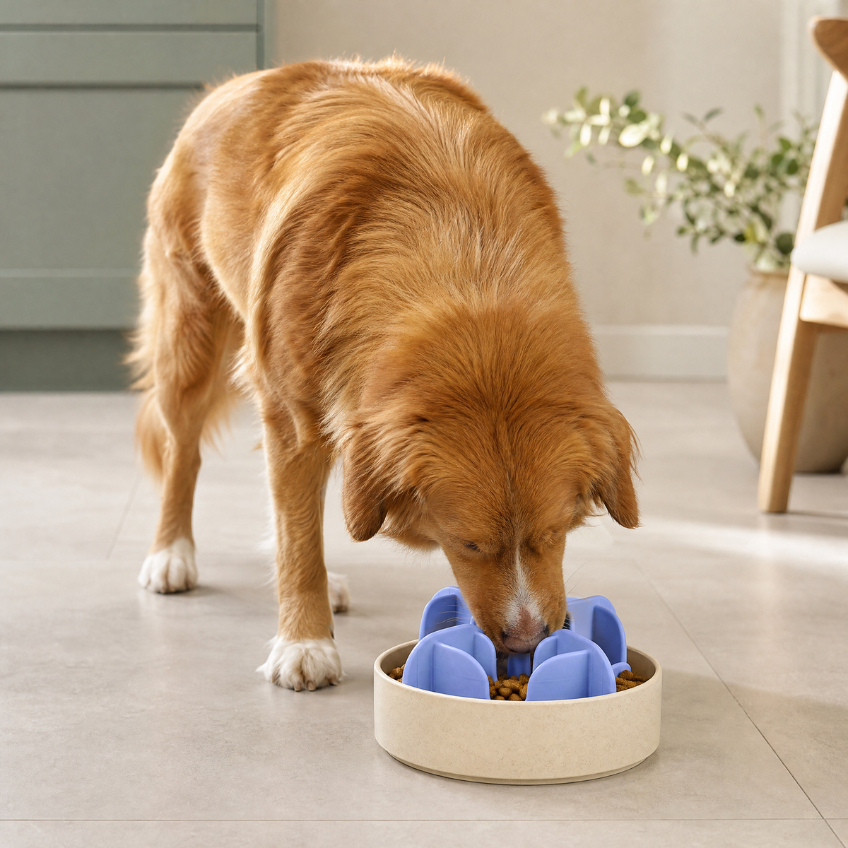 Dog eating calmly with the Zolux blue slow-feeder insert