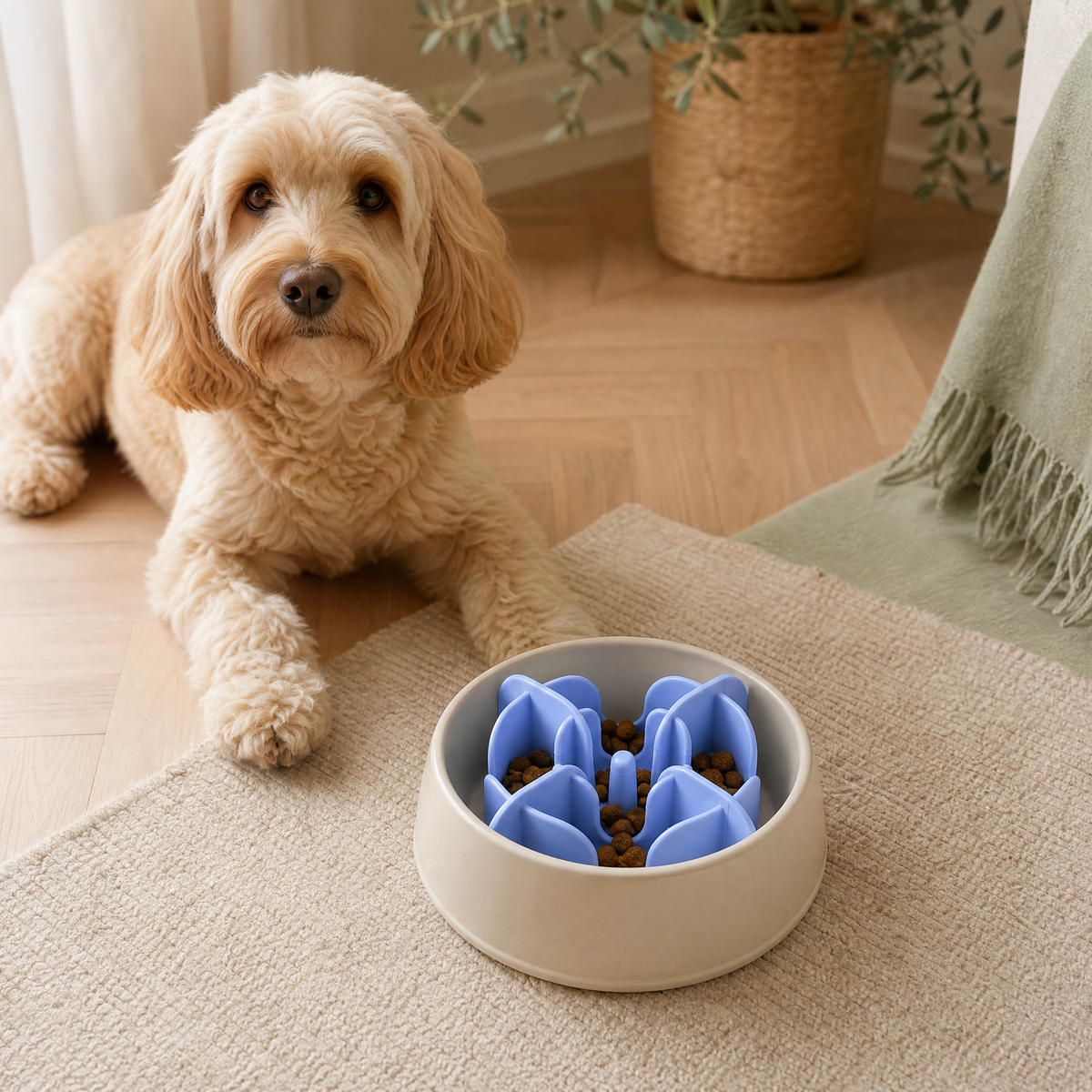 Zolux blue slow-feeder insert in a premium home setting
